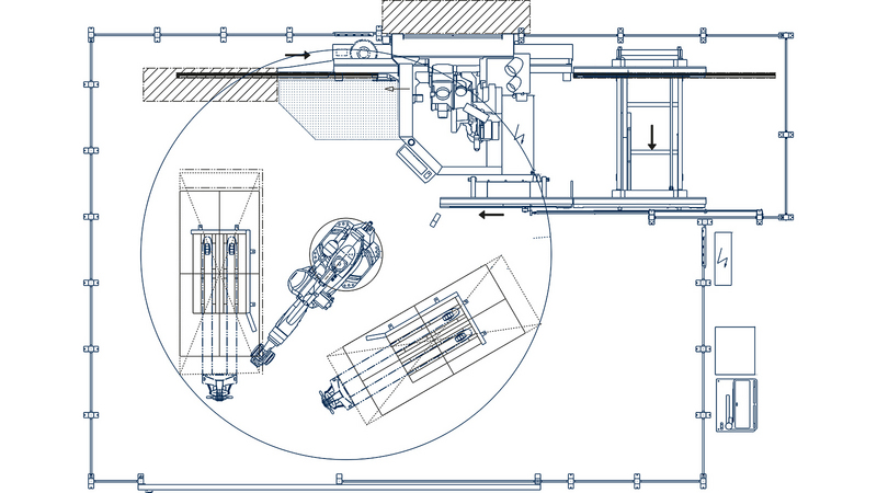 The manufacturing cell DRILLTEQ V-310 with robot integration FEEDBOT D-310 for automatic material handling