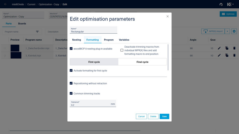 Impostazioni per la macro "Squadratura" nell'app intelliDivide Nesting