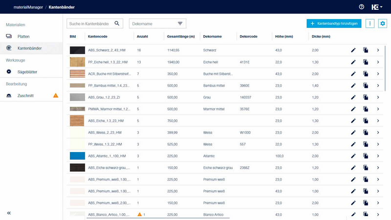 materialManager Kantenmaterial