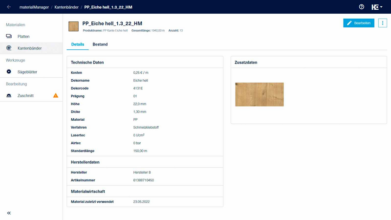 materialManager Detailansicht