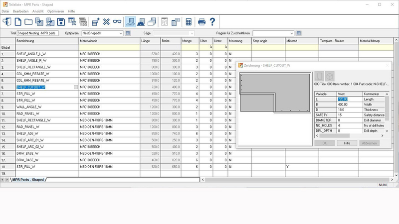 Optimized parts list by material type
