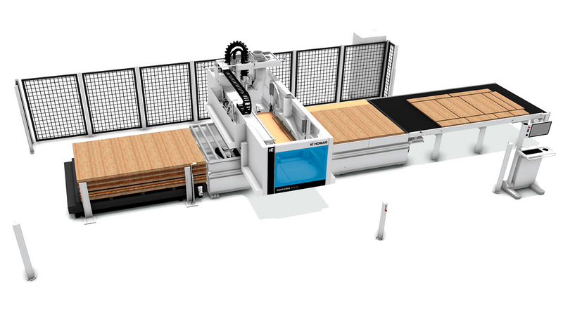 CNC Nesting CENTATEQ N-510 mit Hubtisch zur automatischen Beschickung und Gurtband zum automatischen Abschieben.