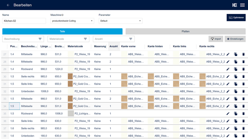 Erfassung der Platten und Katencodes bei der Erstellung einer Optimierung.