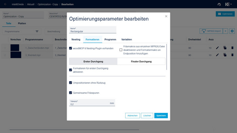 Einstellungen in der App intelliDivide Nesting Einstellungen in der App intelliDivide Nesting