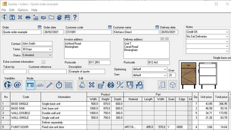 注文処理および変数部品リストモジュールのパラメトリック製品ライブラリのおかげで、CutRiteは任意の注文の詳細を表示できます。
