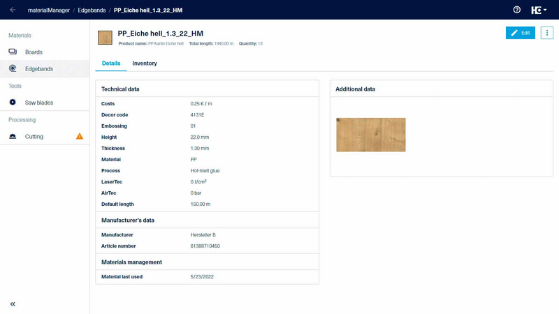 materialManager detailed view