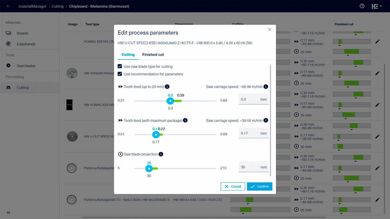 materialManager Advanced: Parâmetros de edição
