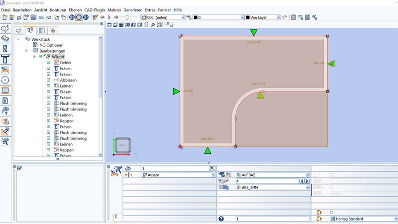 Alle Arbeitsschritte zum Kantenanleimen werden nach der Definition der Konturen und Ecken automatisch erzeugt. 
