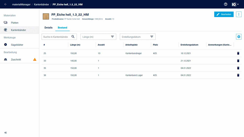 materialManager Kantenbestand