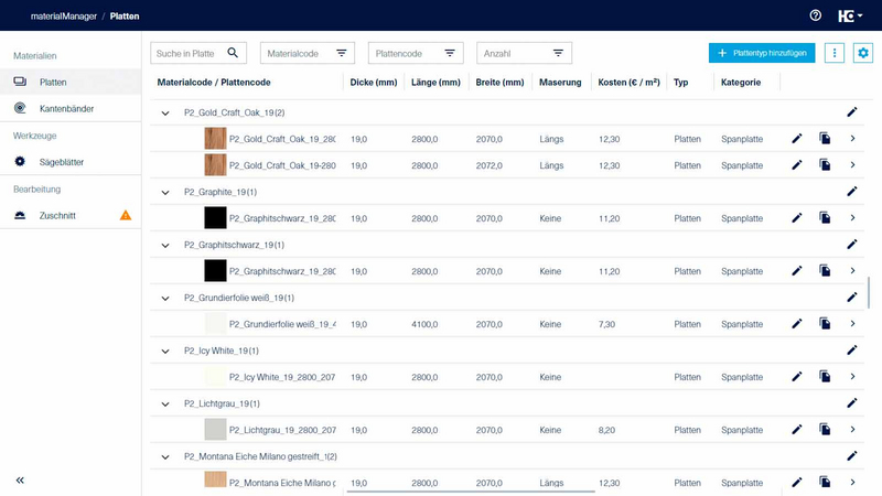materialManager Plattenmaterial
