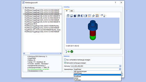 Übersichtlich und komfortabel: bei der Auswahl des Werkzeugs kann nun nach Geometrietypen gefiltert werden