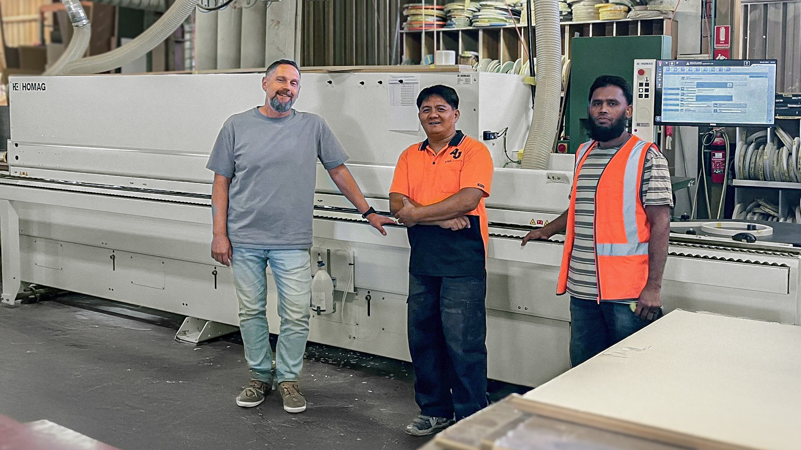 Artek Joinery workshop in Perth, Western Australia with HOMAG EDGETEQ S‑380 edge banding machine in operation, producing precision-edged panels for custom joinery projects.