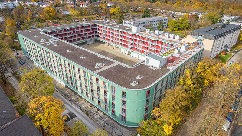 Multi-storey building in wood the Dantebad in Munich