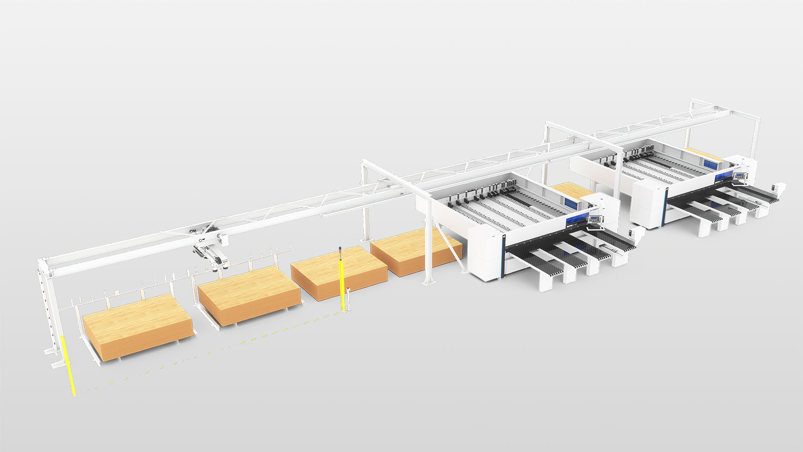 STORETEQ F-100 single-axis feeder with 2 infeed stations and 2 integrated panel saws