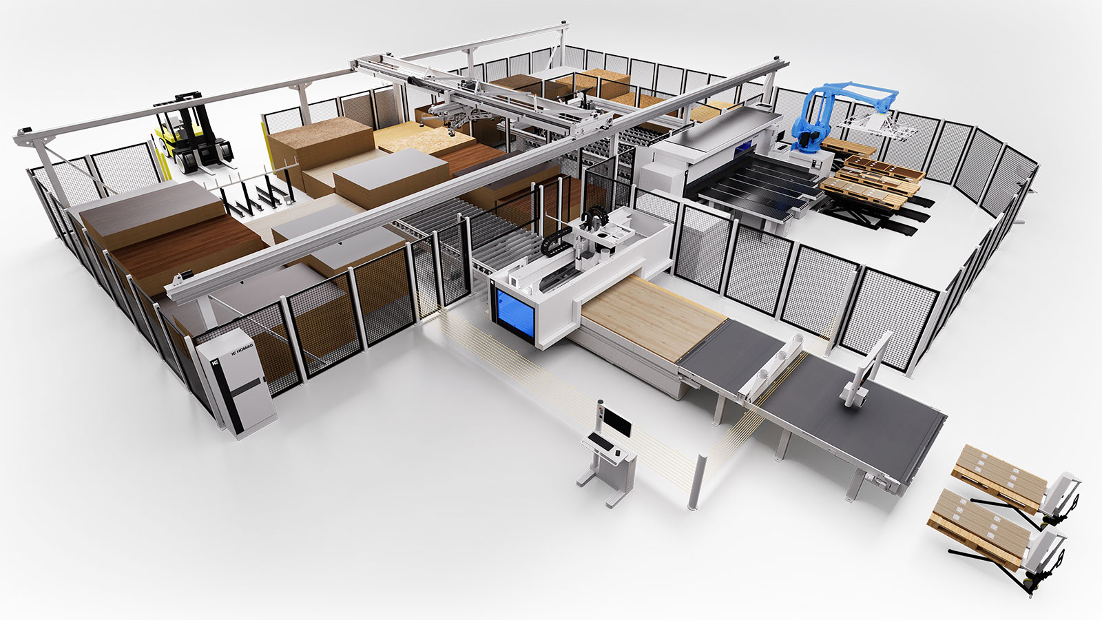 Saw-storage-nesting concept including robot destacking. This combination is particularly tailored to companies that process both rectangular and free-form parts - for example vehicle, boat or interior fitters.