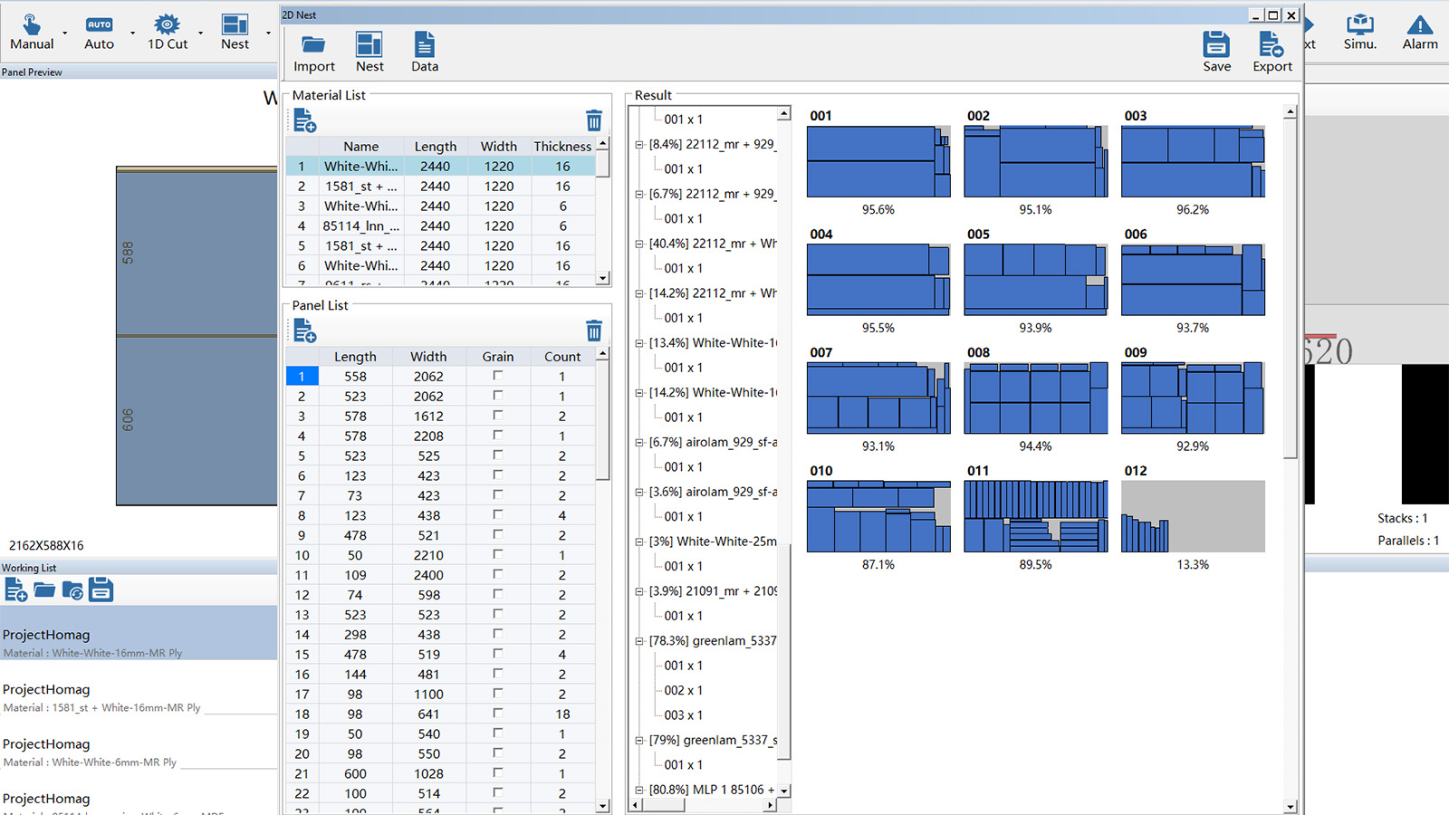 With nesting mode in CADSaw, cutting pattern optimization is built directly into the saw. Part and panel lists for each order can be entered or imported, and CADSaw promptly generates optimized layouts. This minimizes material waste and increases productivity, making it ideal for small to medium-sized orders.